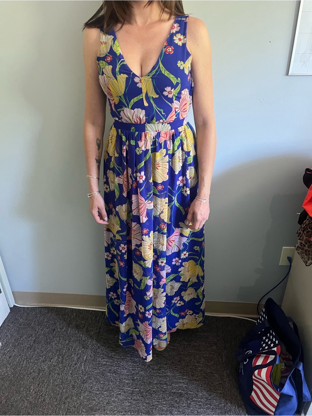 ModCloth Royal Blue Floral V-Neck Maxi Dress